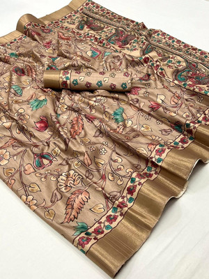 sareya veela Printed, Floral Print Handloom Tussar Silk, Silk Blend Saree(Cream)