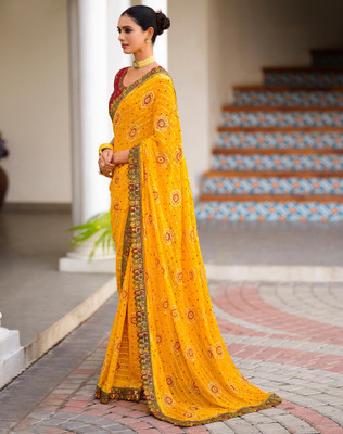 Tasrika Printed, Embroidered, Embellished Bandhani Chiffon, Georgette Saree(Yellow)