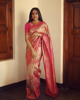 KRIYANSH Woven, Printed, Applique, Embellished Kanjivaram Jacquard, Cotton Silk Saree(Pink)