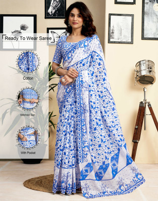 Samah Floral Print, Geometric Print, Printed Daily Wear Pure Cotton Saree(White, Blue)