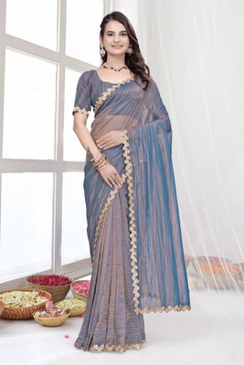 RELLAXAWAVES Woven Bollywood Supernet Saree(Blue)