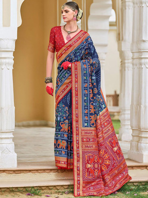 ANOUK Printed Patola Silk Blend Saree(Dark Blue)