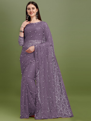 LOROFY Self Design Bollywood Net Saree(Purple)