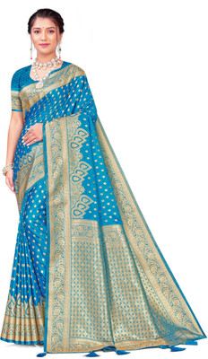 NANDKUMAR TRENDS Woven, Self Design Banarasi Satin Saree(Blue)