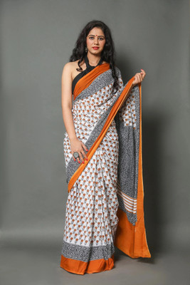 COTTON MULMUL STORE Blocked Printed, Floral Print, Hand Painted, Dyed Daily Wear Pure Cotton Saree(Yellow)