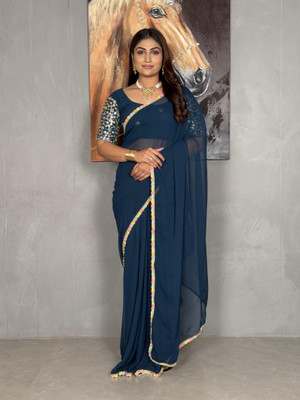 PATTARI Solid/Plain Bollywood Georgette Saree(Dark Blue)