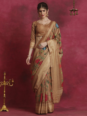 Tasrika Printed Daily Wear Cotton Blend Saree(Brown)