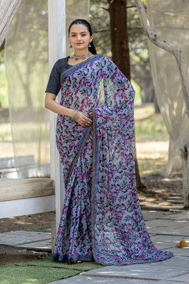 Leelavati Printed, Embellished, Embroidered Daily Wear Chiffon Saree(Grey)