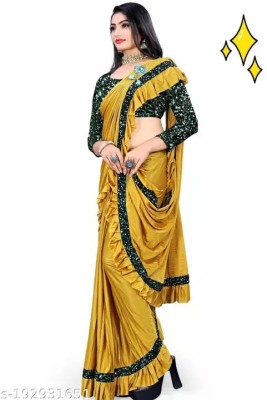 PLEXSTAR Self Design, Checkered Bollywood Lycra Blend Saree(Yellow)