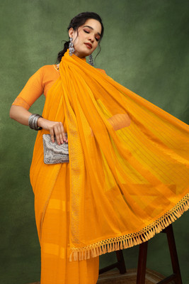 MIRCHI FASHION Solid/Plain, Embellished Bollywood Georgette Saree(Yellow)