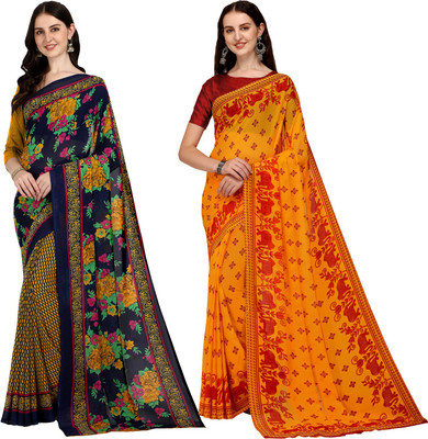 kashvi sarees Printed Daily Wear Georgette Saree(Pack of 2, Dark Blue, Orange)