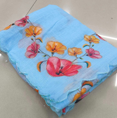 Sundhaji Trends Digital Print, Floral Print Bollywood Cotton Silk, Linen Saree(Light Blue)