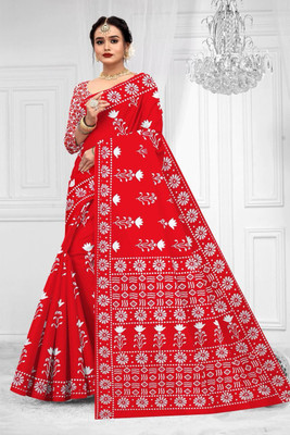 KAVACH TEXTILE Printed Daily Wear Pure Cotton Saree(Red)
