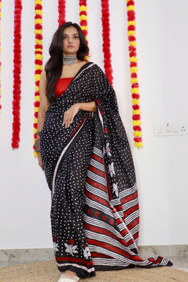 JASU CREATION Printed Gadwal Pure Cotton Saree(Black)