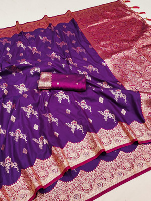 fabguru Woven, Floral Print, Geometric Print Banarasi Silk Blend Saree(Purple)