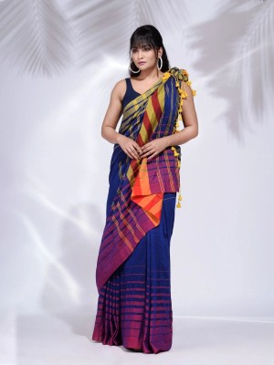 DipDiya Checkered Handloom Pure Cotton Saree(Dark Blue)