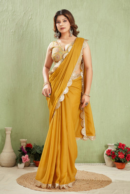 jeravi Solid/Plain, Embroidered, Temple Border Bollywood Georgette Saree(Mustard)