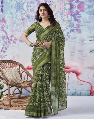 SIRIL Printed Daily Wear Cotton Blend Saree(Green, White)