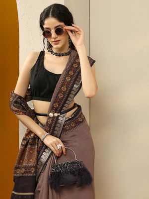LIBAS Printed Daily Wear Silk Blend Saree(Brown)