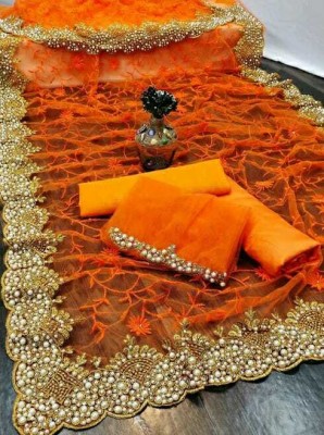 Radheradhey Embroidered, Floral Print Bollywood Net Saree(Orange)