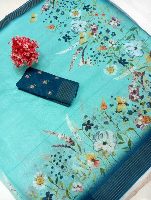 HouseOfCommon Floral Print Kanjivaram Chanderi, Pure Silk Saree(Light Blue)