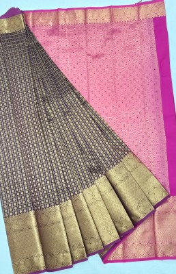 Hansika tex Checkered Kanjivaram Cotton Blend, Pure Cotton Saree(Brown)