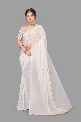 RK GLOBAL Embroidered Daily Wear Net Saree(White)