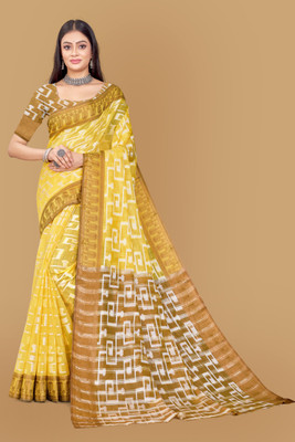 HANUMANT TEXTILES Temple Border Chanderi Cotton Blend Saree(Yellow)