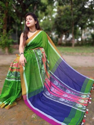 Anjali textile Woven Handloom Cotton Blend Saree(Green)