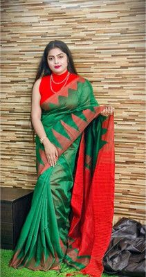 RM CREATION Temple Border Handloom Handloom Cotton Silk Saree(Dark Green)