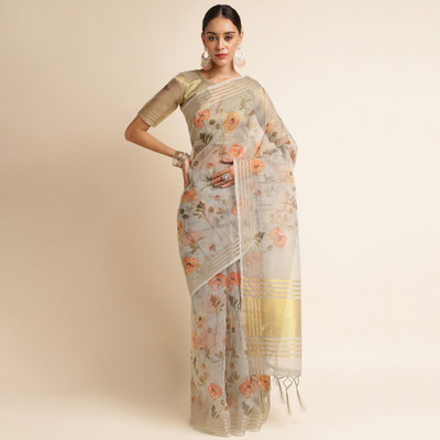 Divastri Printed Banarasi Linen Saree(Grey)