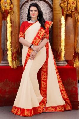 AMBALIKA Solid/Plain, Printed Chanderi Cotton Blend Saree(Cream)