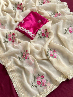 RAGISHA ENTERPRISE Embroidered Bollywood Chiffon Saree(Cream)
