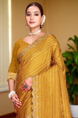 SARANGFEB Embellished Bollywood Pure Silk Saree(Yellow)