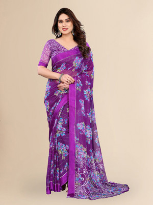 Moda Rapido Embellished, Floral Print Bollywood Georgette, Satin Saree(Purple)