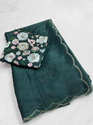 HouseOfCommon Solid/Plain Bollywood Lycra Blend, Organza Saree(Dark Green)