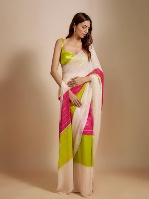 Labheshwari Striped, Geometric Print, Printed Bollywood Chiffon Saree(Multicolor)