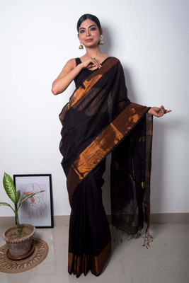 Agamani Solid/Plain Handloom Viscose Rayon Saree(Black)