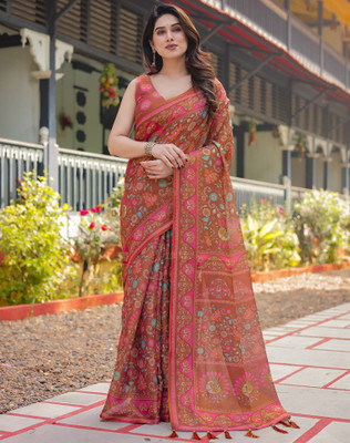 Tasrika Floral Print, Printed, Embellished Handloom Linen Saree(Brown)