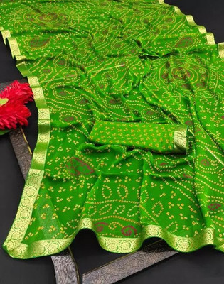 JustEthnic Printed Bandhani Chiffon Saree(Green)