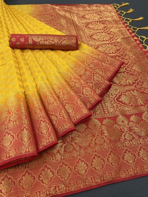 Rupatika Woven Kanjivaram Pure Silk, Cotton Silk Saree(Red, Yellow)