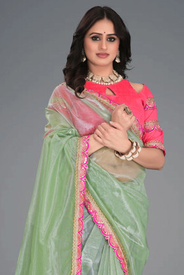 Mortile Designer Studio Embroidered Bollywood Lycra Blend Saree(Light Green)