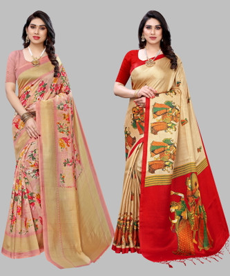Nirvaan Floral Print, Printed, Self Design Daily Wear Art Silk Saree(Pack of 2, Cream, Pink)