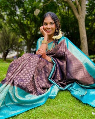 Nimidiya Woven Kanjivaram Pure Silk, Art Silk Saree(Purple, Light Blue)