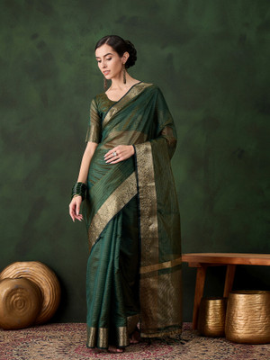 Sangria Woven Saree with Attached Blouse Organza Saree(Green)