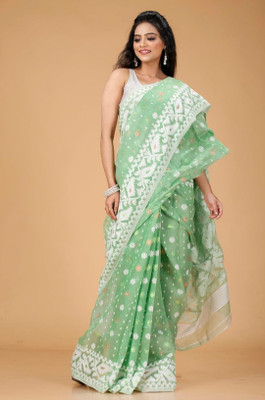 Revival Printed Jamdani Cotton Blend Saree(Light Green)