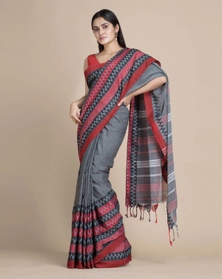 GOLU Printed Handloom Cotton Blend Saree(Grey)