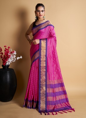 Bansari Textiles Self Design, Woven, Temple Border, Applique, Striped, Printed Banarasi Jacquard, Cotton Silk Saree(Pink)