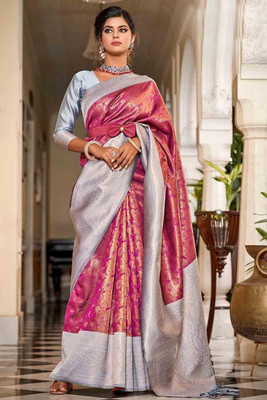 FASHION STROM Woven Banarasi Silk Blend Saree(Pink, Grey)