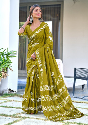 Divastri Blocked Printed, Printed Chanderi Cotton Blend Saree(Light Green)